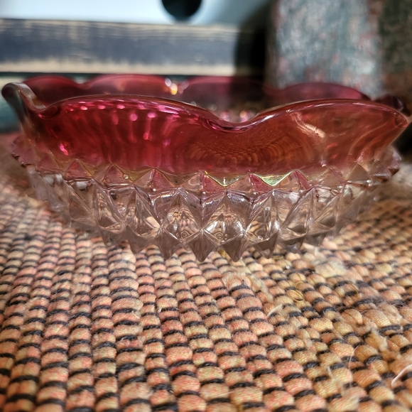 2pc Indiana Glass Ruby Flash Diamond Point~Dish & Footed Bowl - Picture 8 of 10